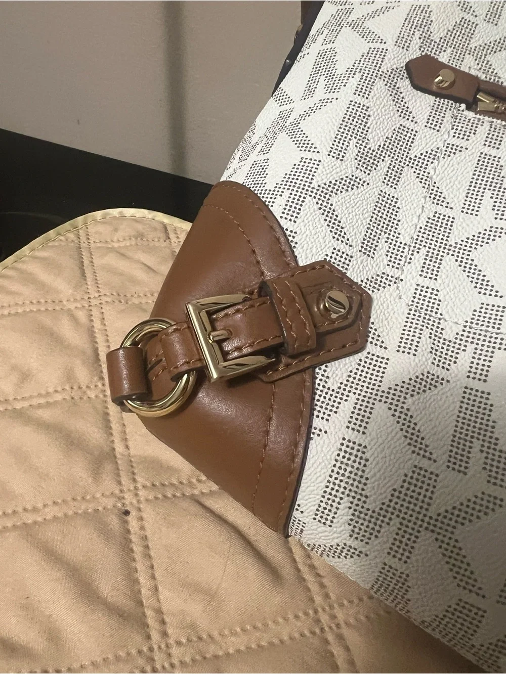 Michael Kors White and Brown MK Logo Crossbody with Leather Trim